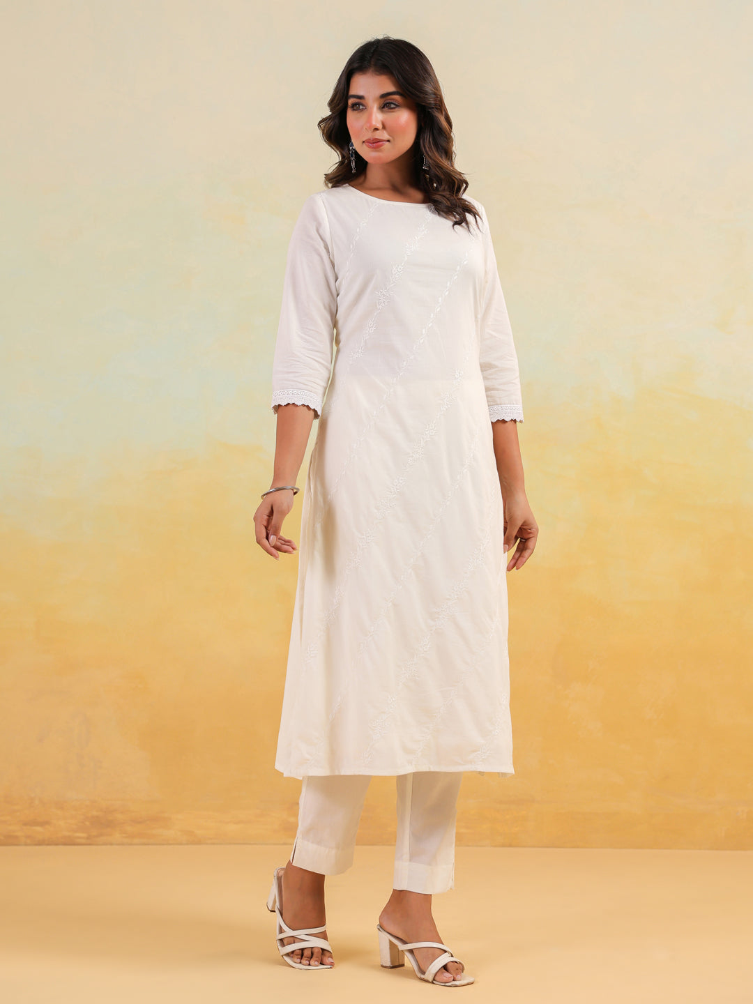 Janasya Women's Off White Pure Cotton Embroidered Straight Kurta Pant Set
