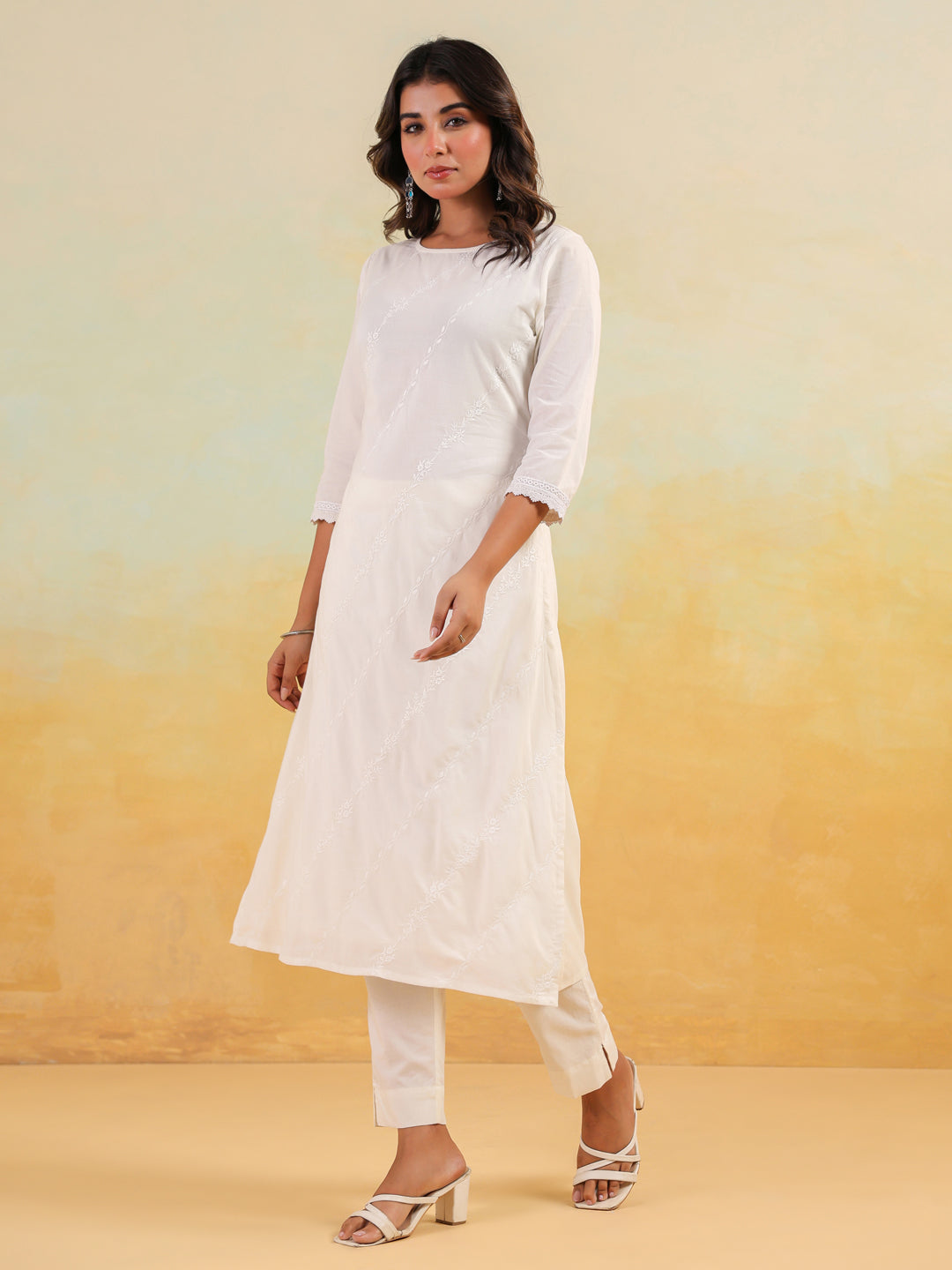 Janasya Women's Off White Pure Cotton Embroidered Straight Kurta Pant Set