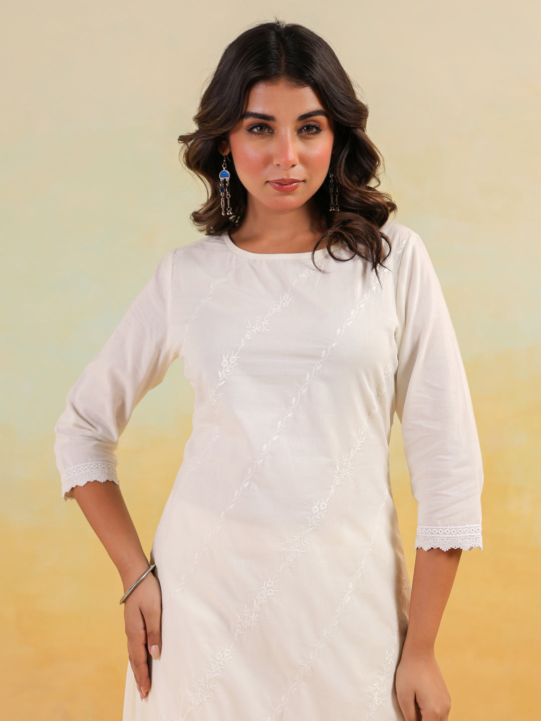 Janasya Women's Off White Pure Cotton Embroidered Straight Kurta Pant Set