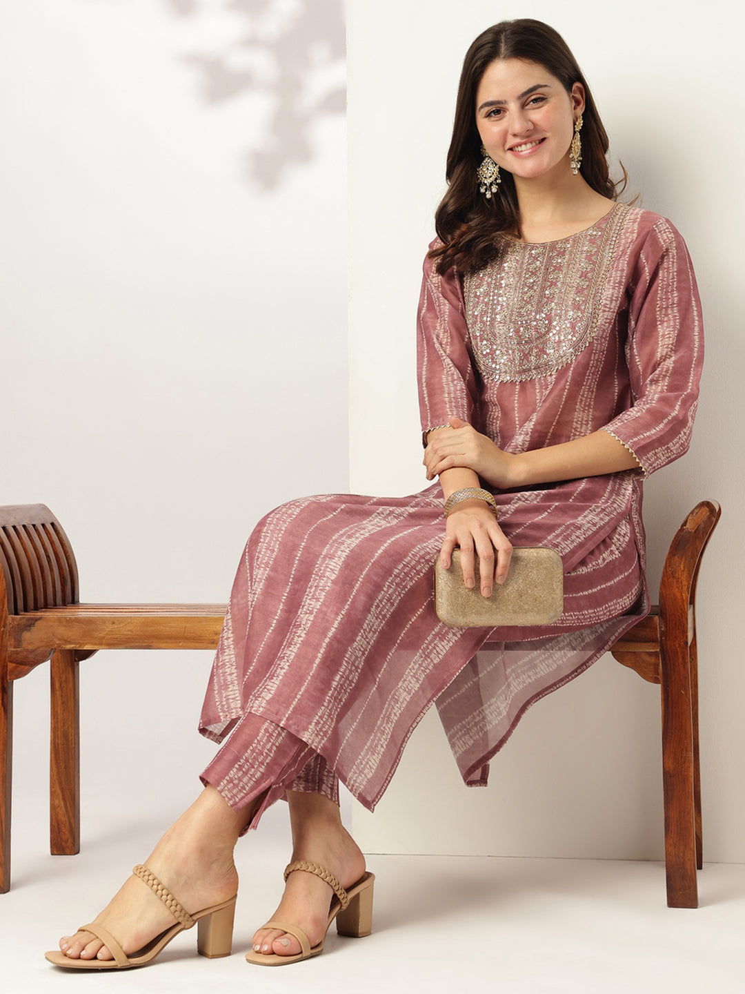 Mauve Silk Blend Tie & Dye Yoke Embroidered Straight Kurta Pant Set