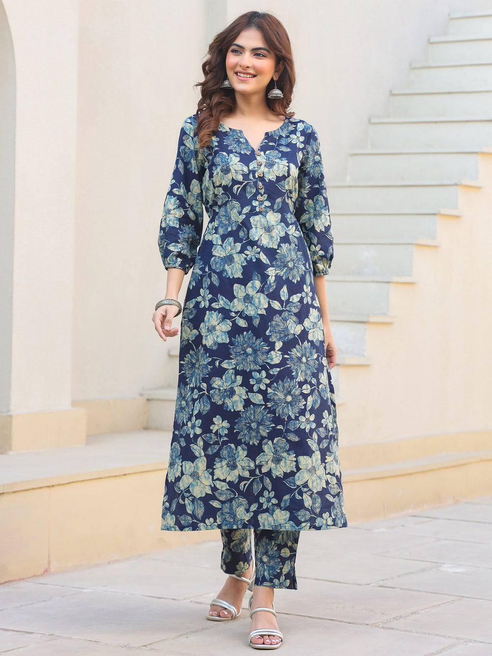 Floral Printed Lace Flared Pure Cotton Kurta & Straight Pant with Dupatta Set main image 0