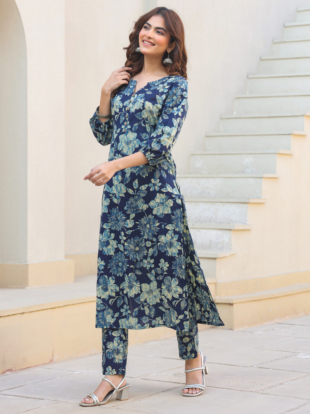 Indigo Pure Cotton Floral Printed Straight Kurta Pant Set