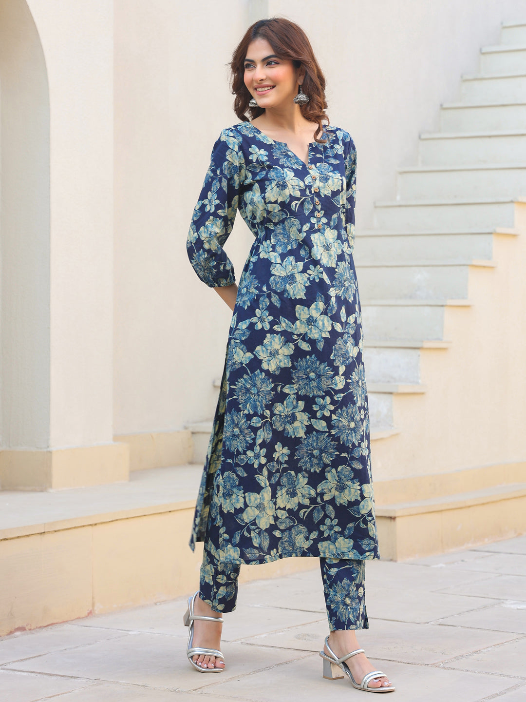 Indigo Pure Cotton Floral Printed Straight Kurta Pant Set