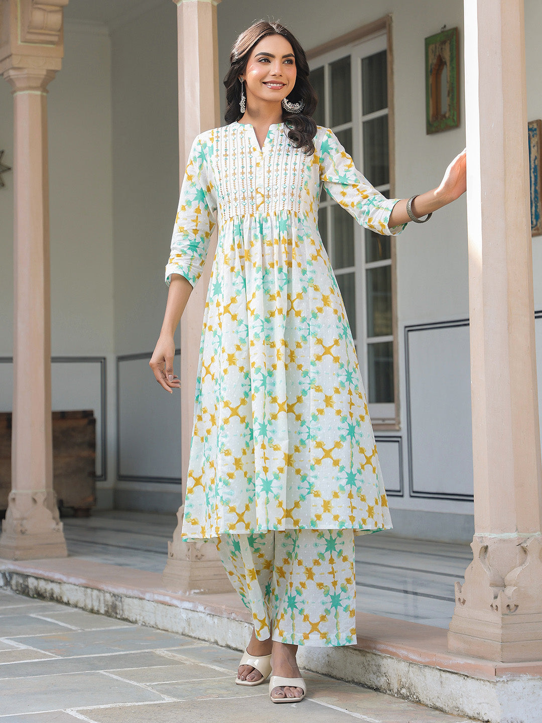 White Pure Cotton Yoke Embroidered Abstract Printed A-line Kurta Pant Set