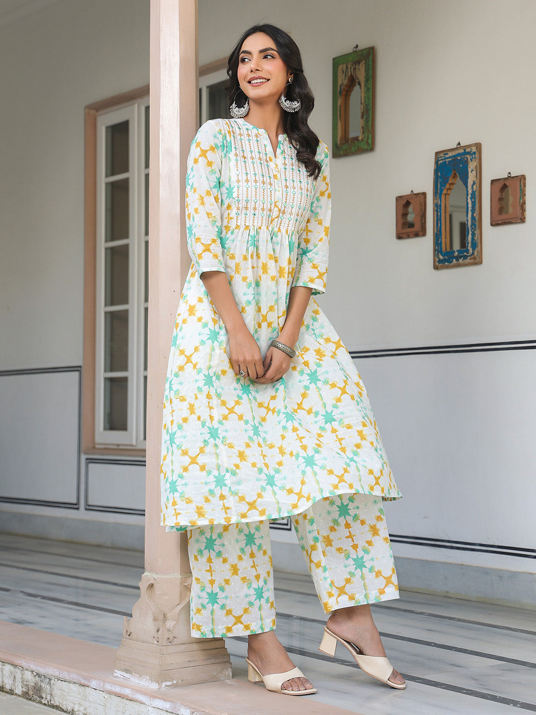 White Pure Cotton Yoke Embroidered Abstract Printed A-line Kurta Pant Set