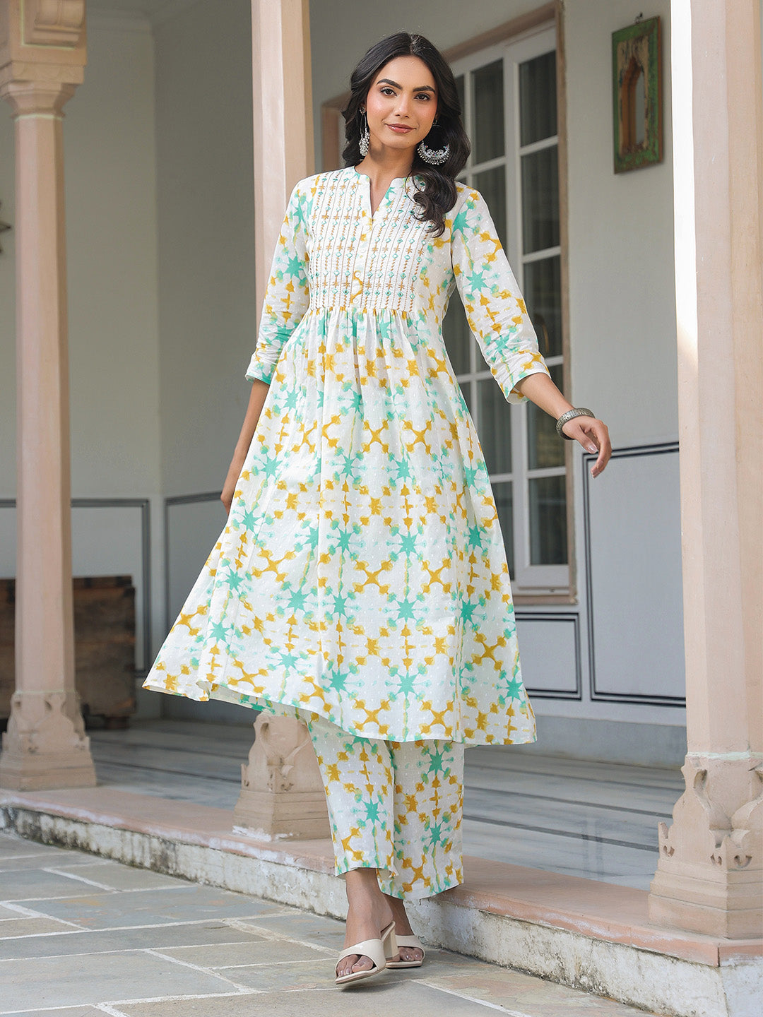 White Pure Cotton Yoke Embroidered Abstract Printed A-line Kurta Pant Set