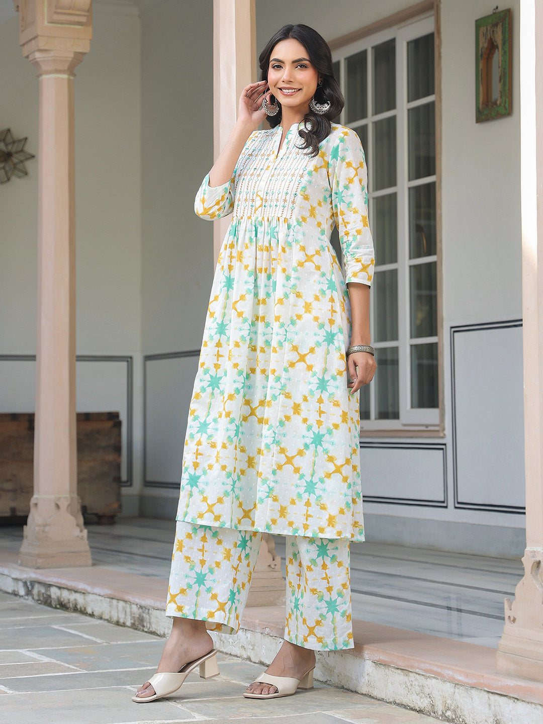 White Pure Cotton Yoke Embroidered Abstract Printed A-line Kurta Pant Set