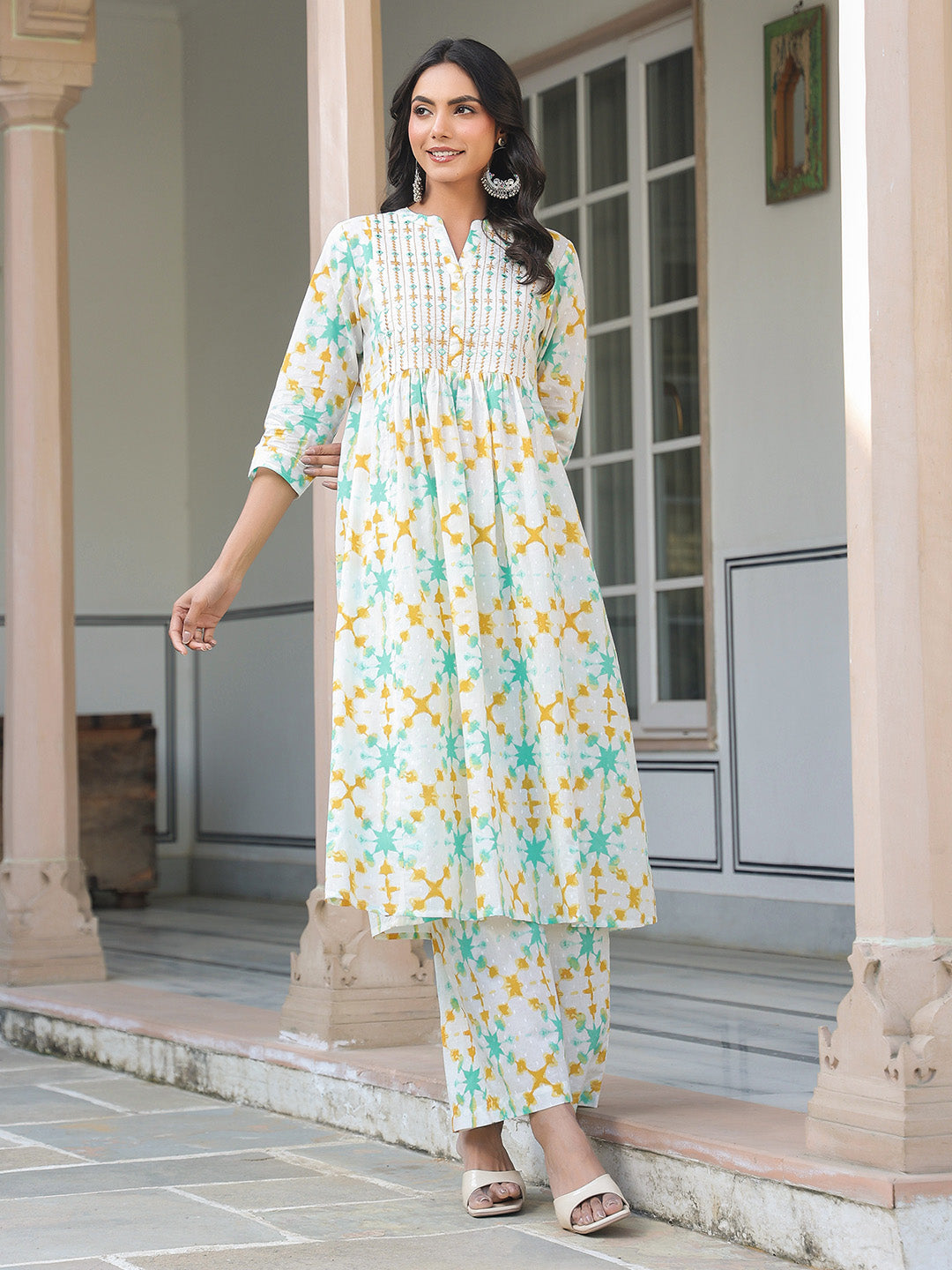 White Pure Cotton Yoke Embroidered Abstract Printed A-line Kurta Pant Set