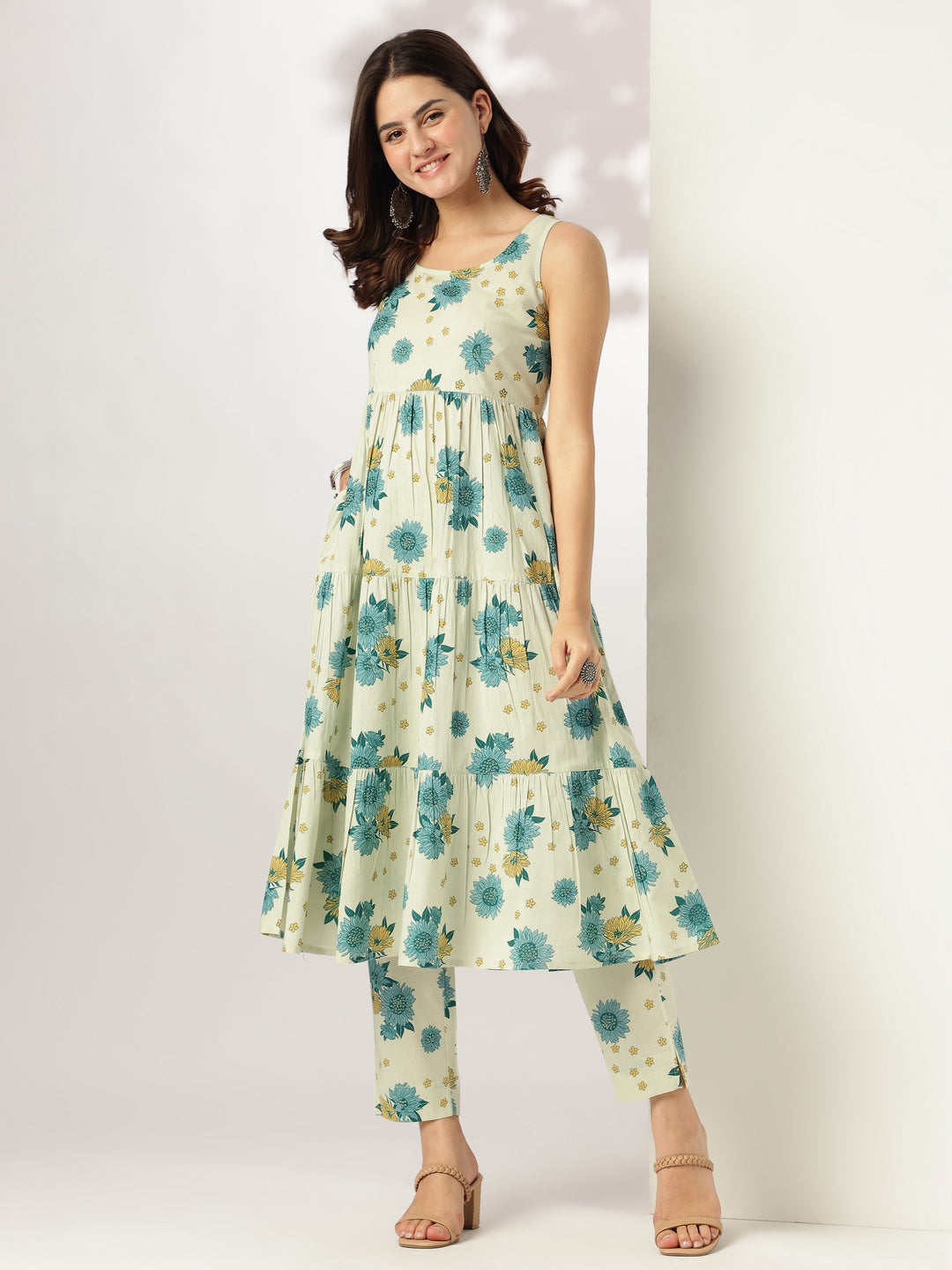 Mint Green Pure Cotton Floral Printed Tiered Kurta With Pant Set