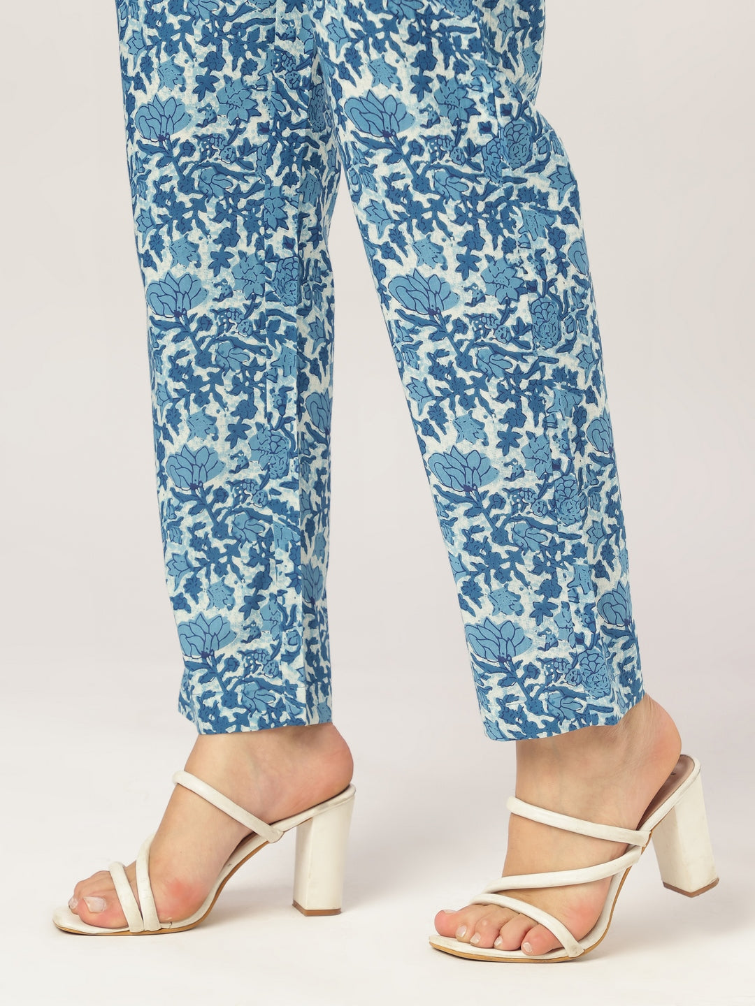 Janasya Women's Indigo Pure Cotton Floral Printed A-line Kurta Pant Set