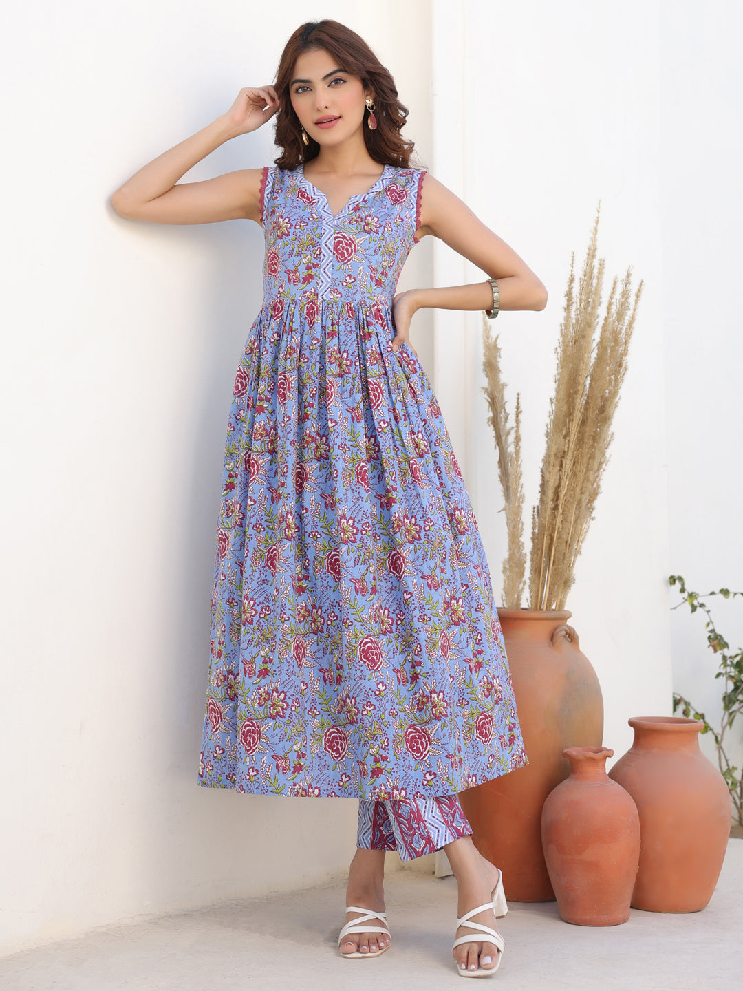 Janasya Women's Blue Pure Cotton Floral Printed A-line Kurta Pant Set