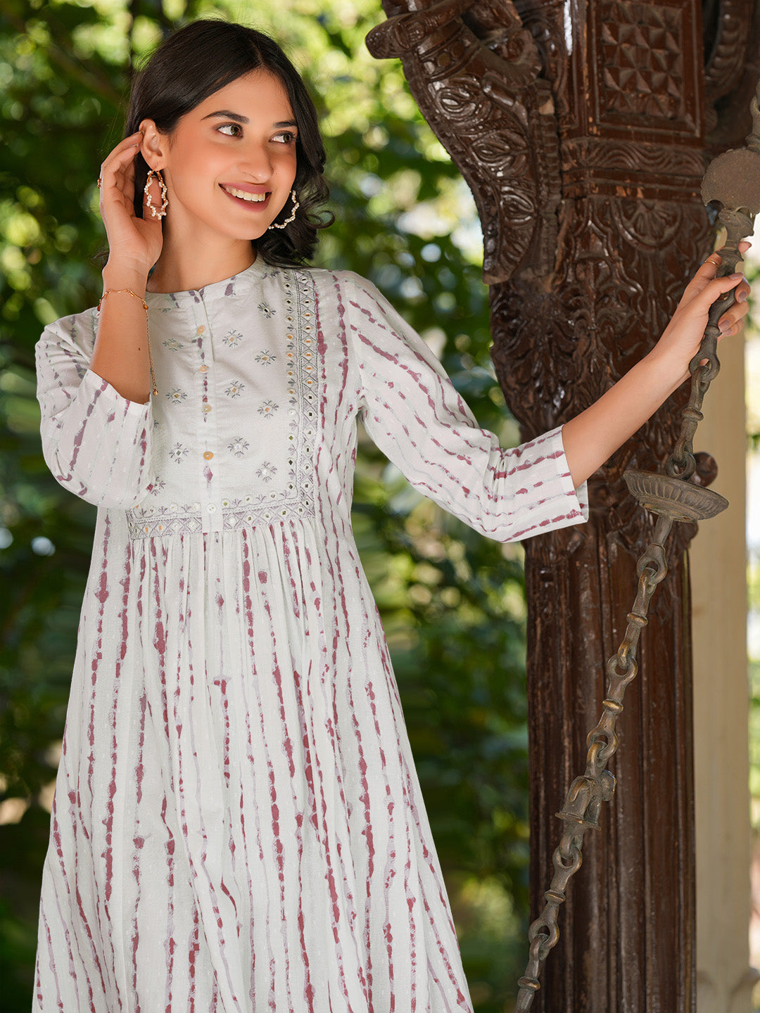 Janasya Women's White Pure Cotton Tie & Dye With Mirror Work A-line Kurta Pant Set