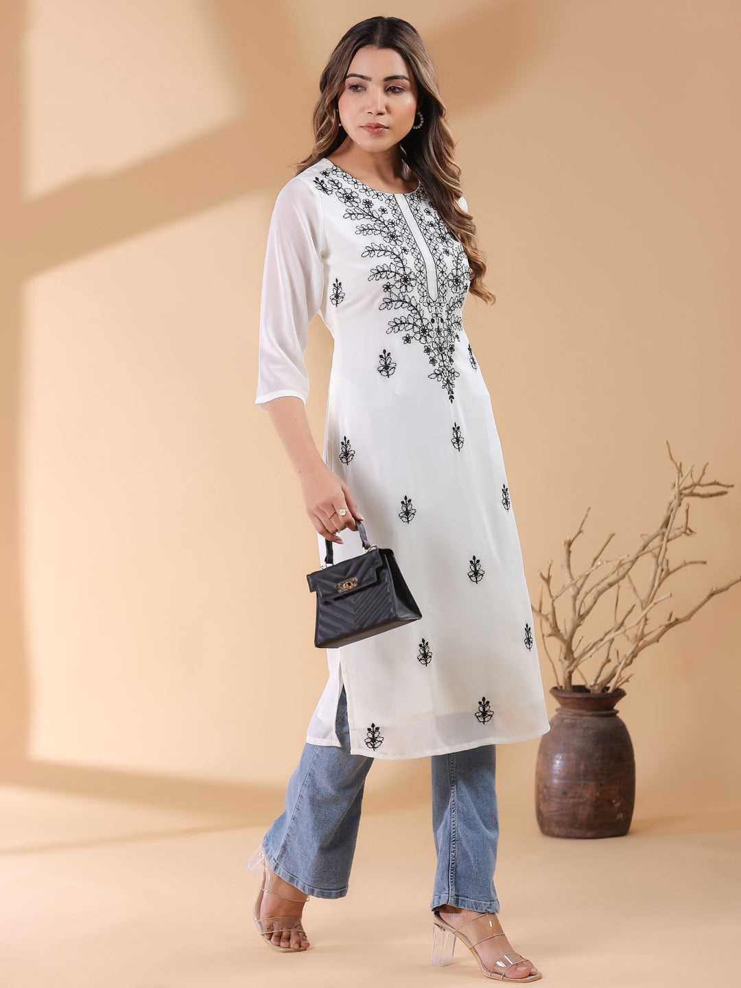 White Georgette Embroidered Straight Kurta