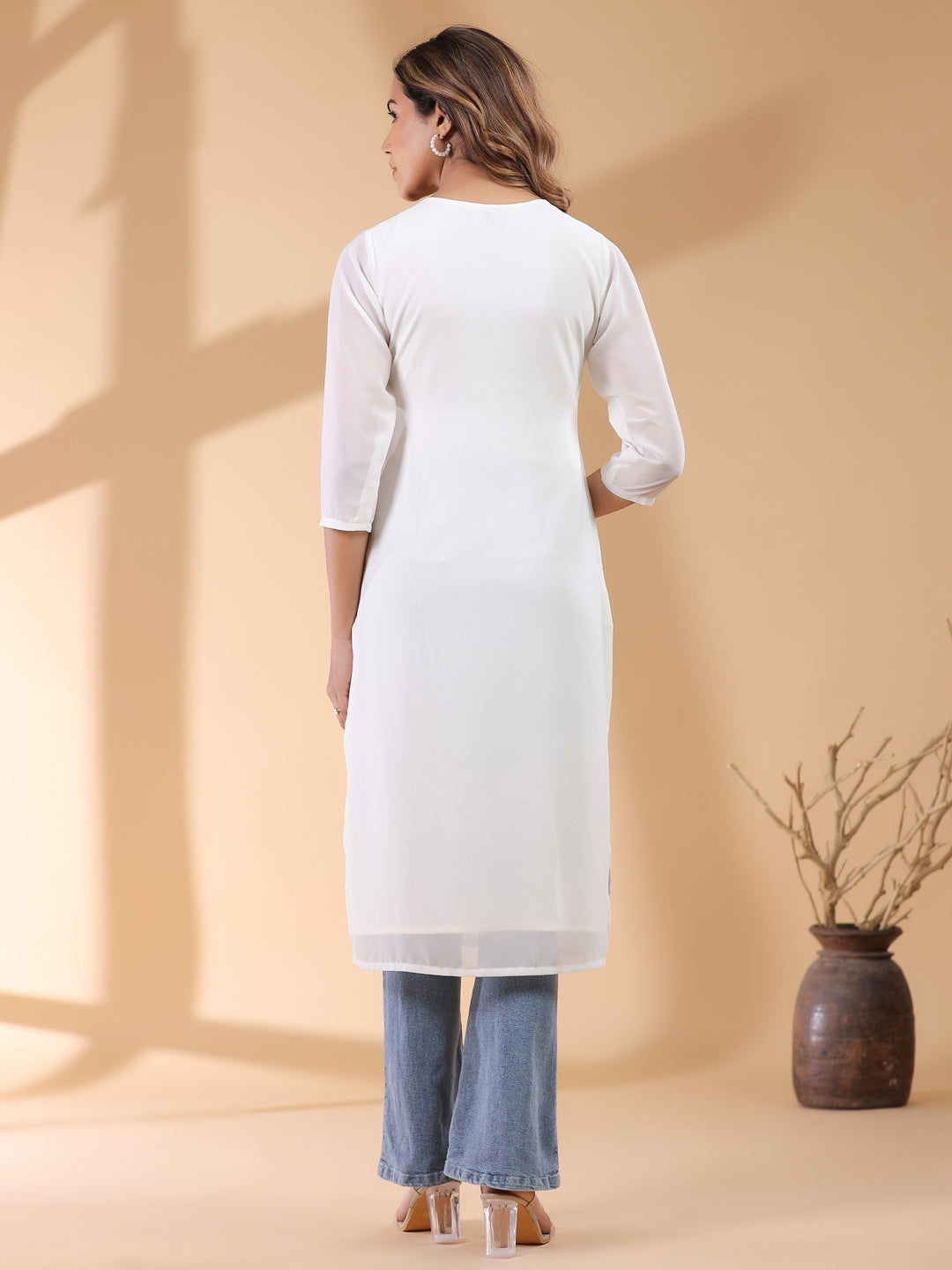 White Georgette Embroidered Straight Kurta