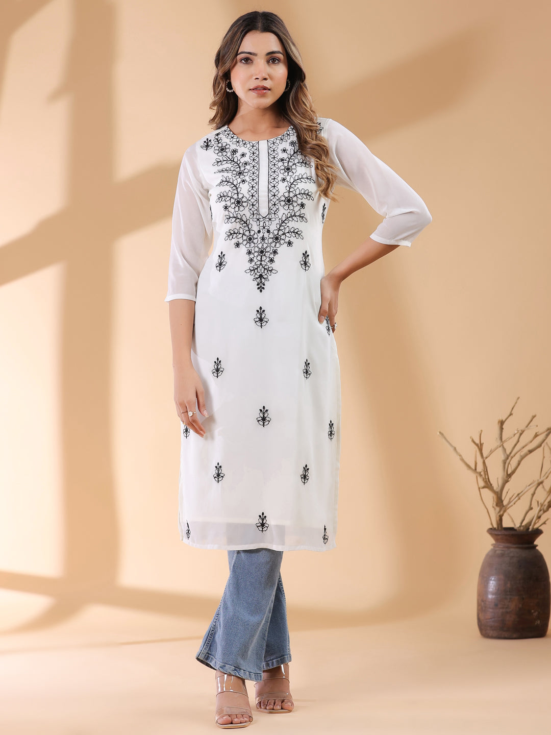 White Georgette Embroidered Straight Kurta