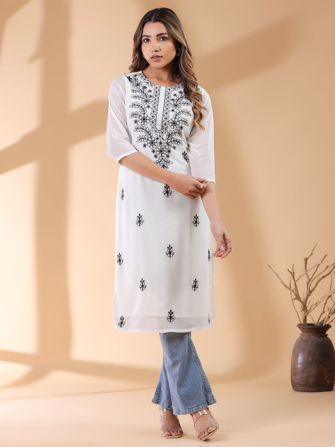 White Georgette Embroidered Straight Kurta