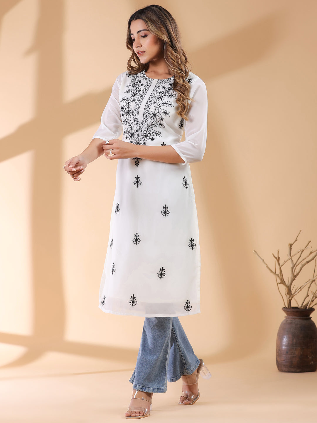 White Georgette Embroidered Straight Kurta