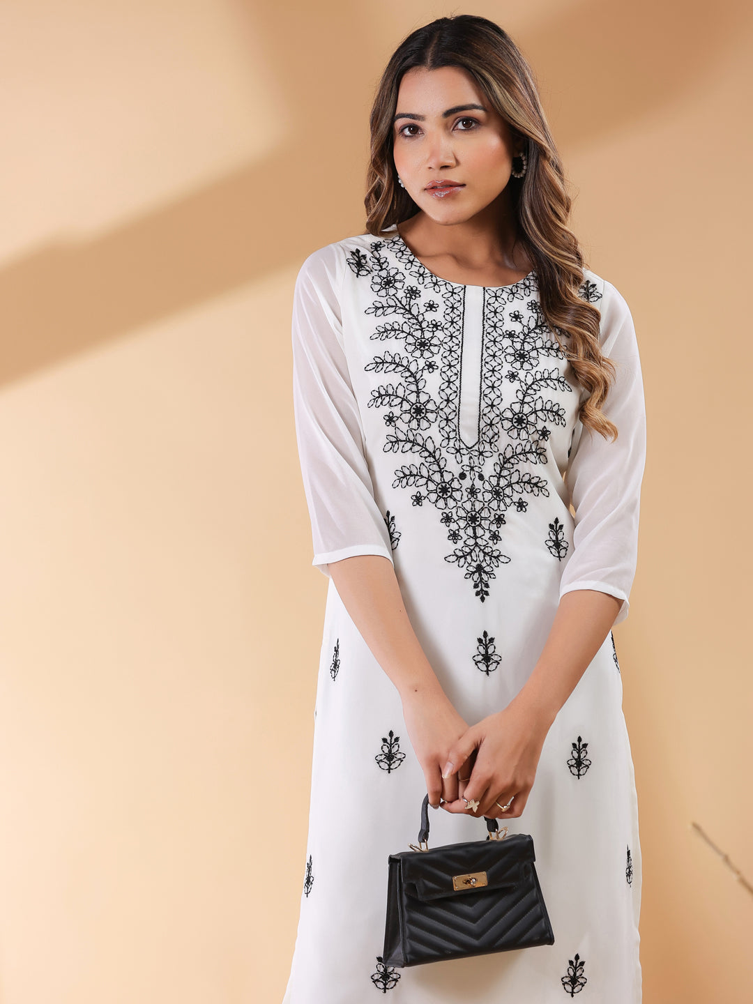 White Georgette Embroidered Straight Kurta