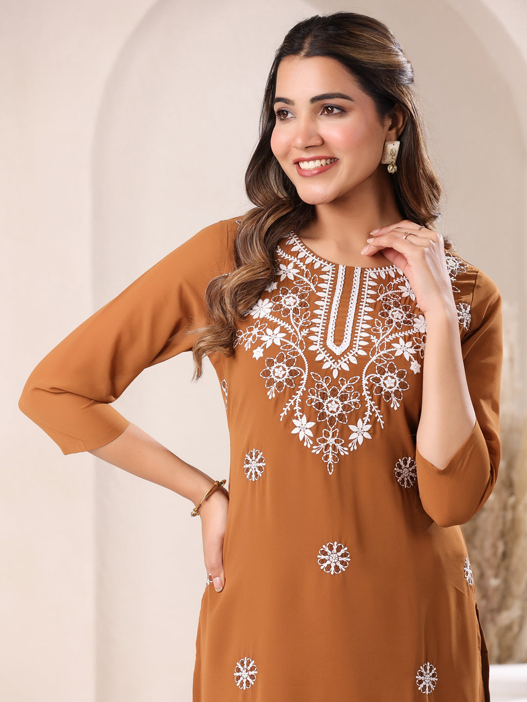 Brown Georgette Embroidered Straight Kurta