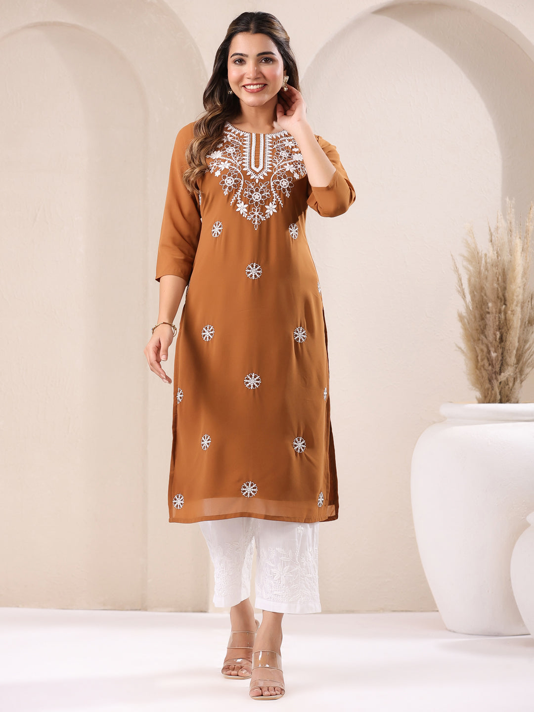 Brown Georgette Embroidered Straight Kurta