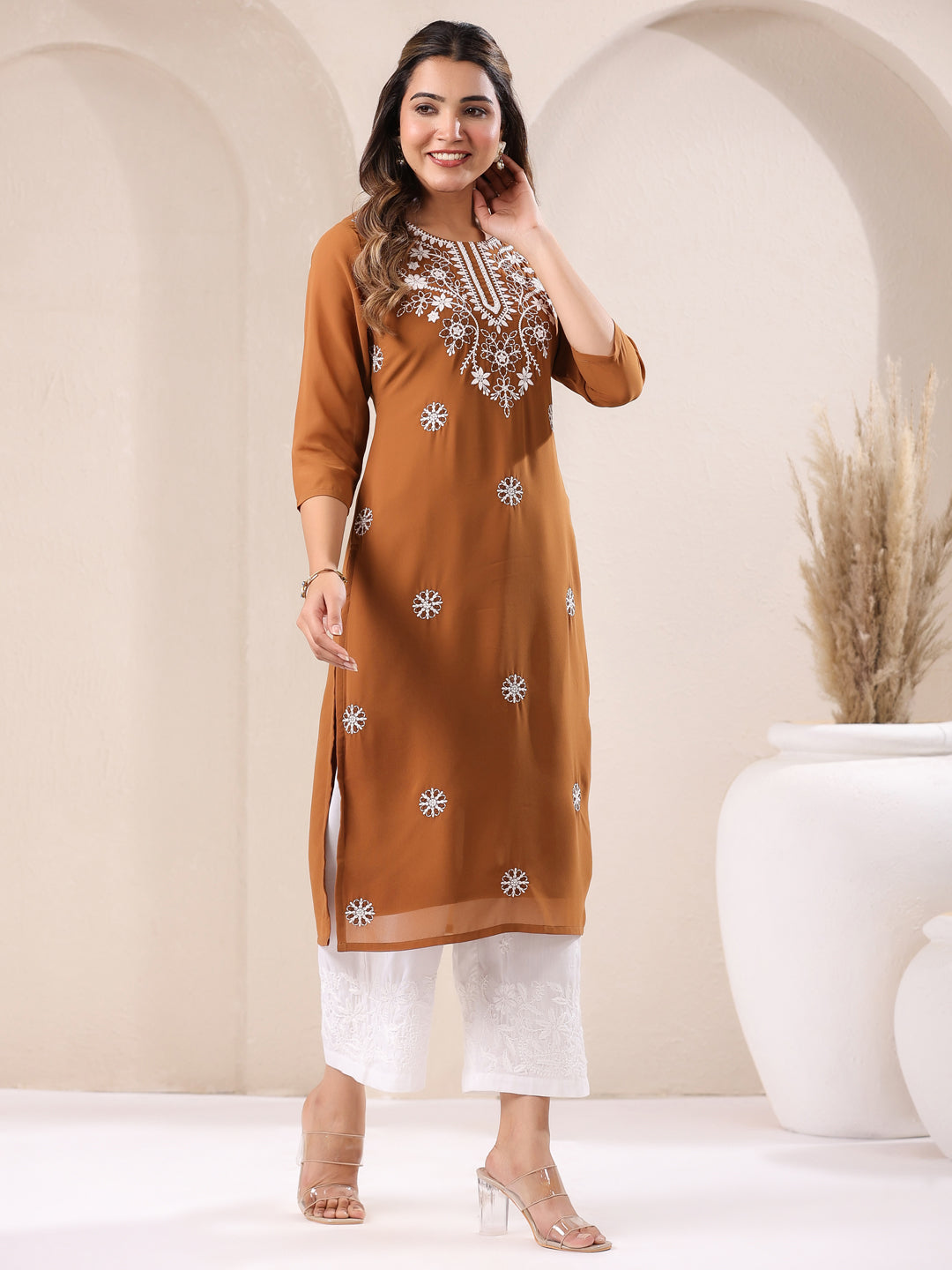 Brown Georgette Embroidered Straight Kurta