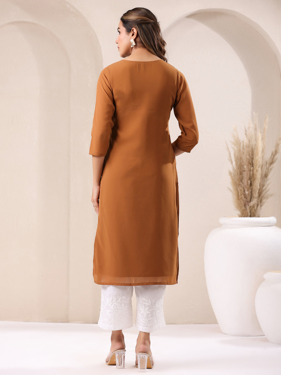 Brown Georgette Embroidered Straight Kurta