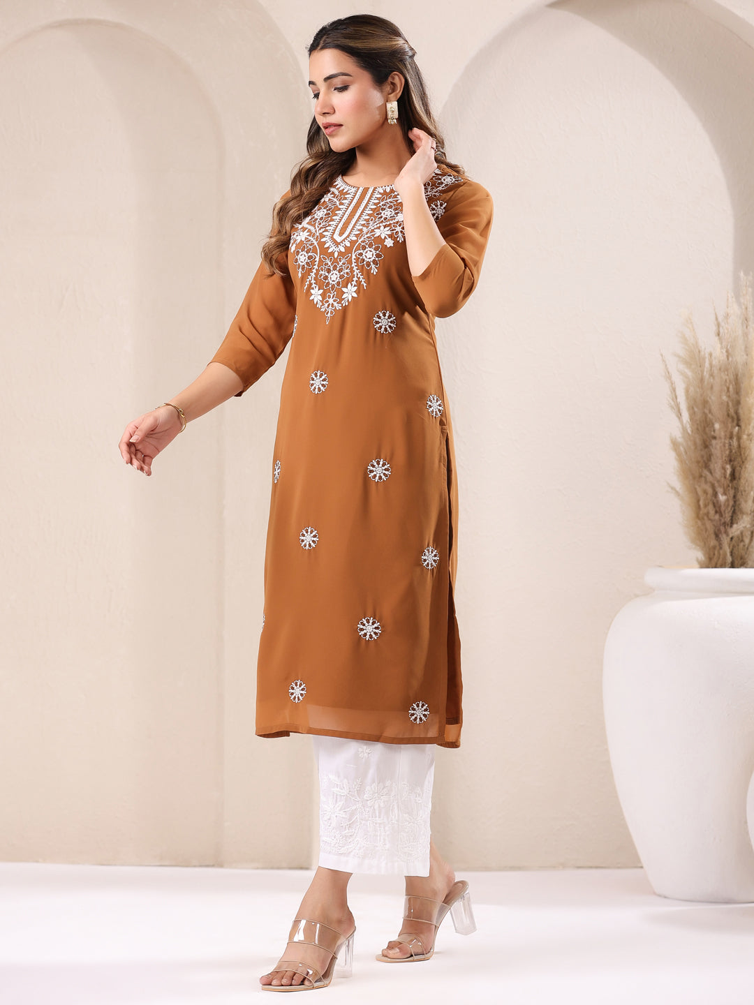 Brown Georgette Embroidered Straight Kurta