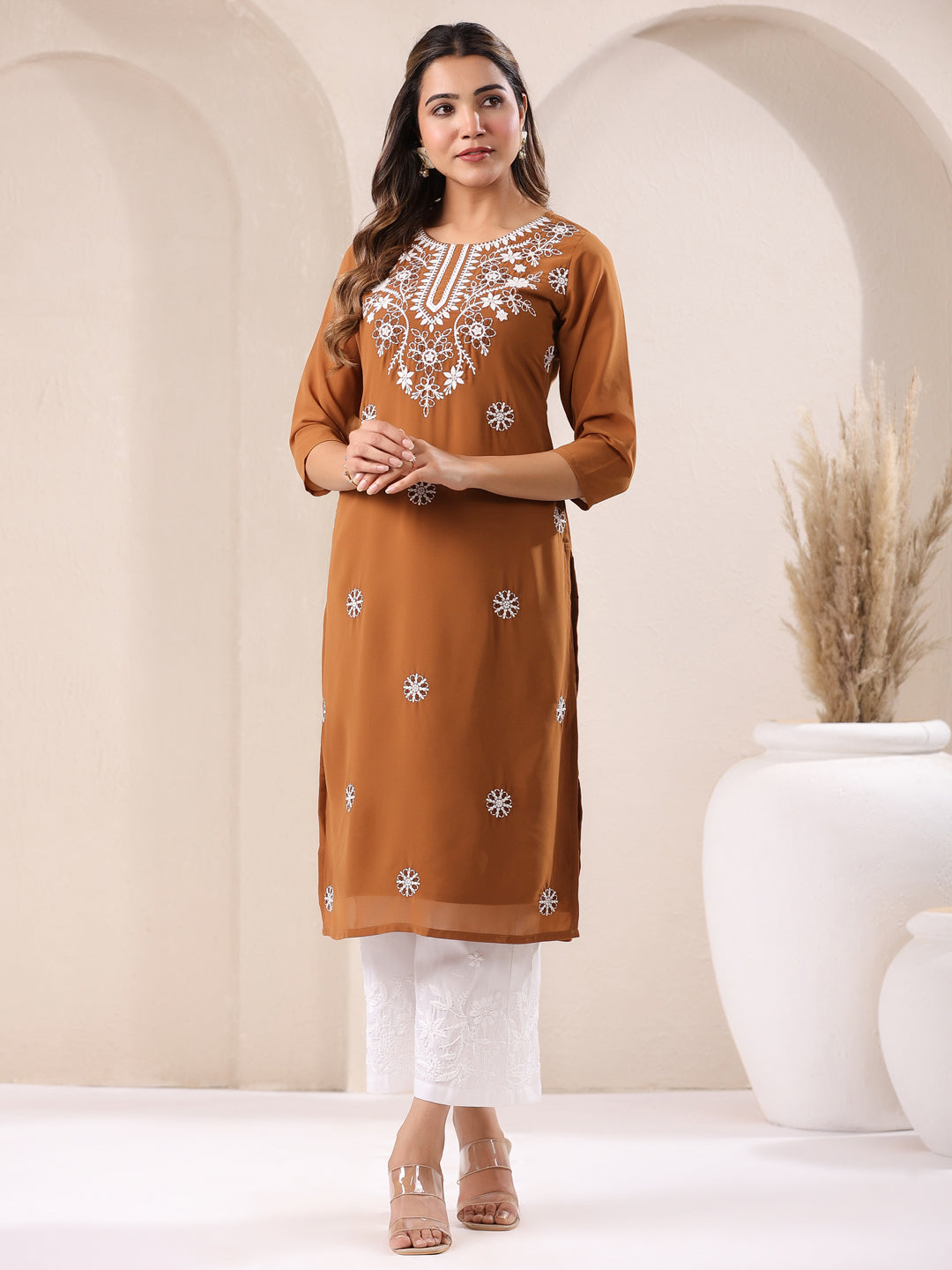 Brown Georgette Embroidered Straight Kurta