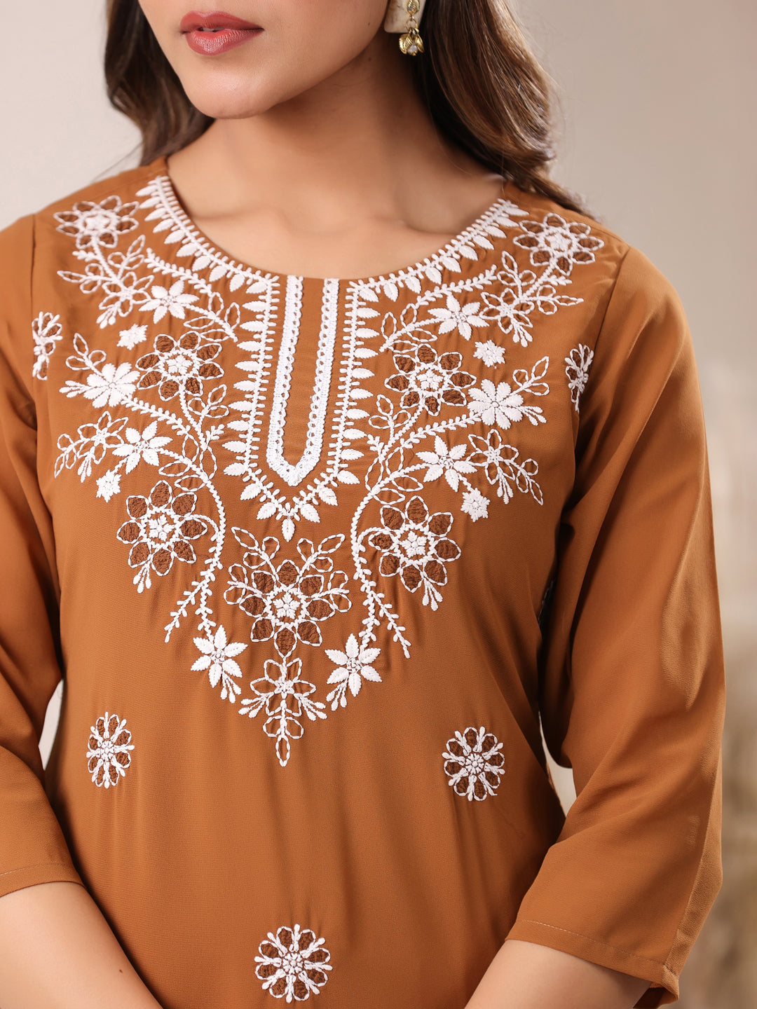 Brown Georgette Embroidered Straight Kurta