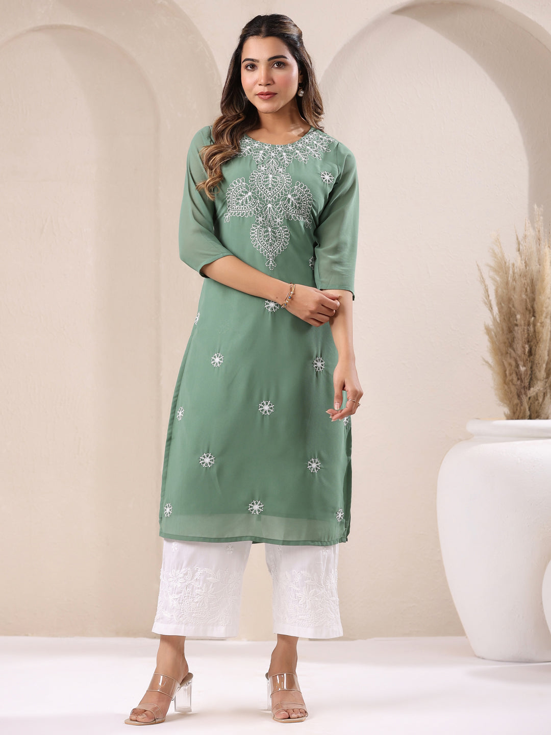 Sage Green Georgette Embroidered Straight Kurta