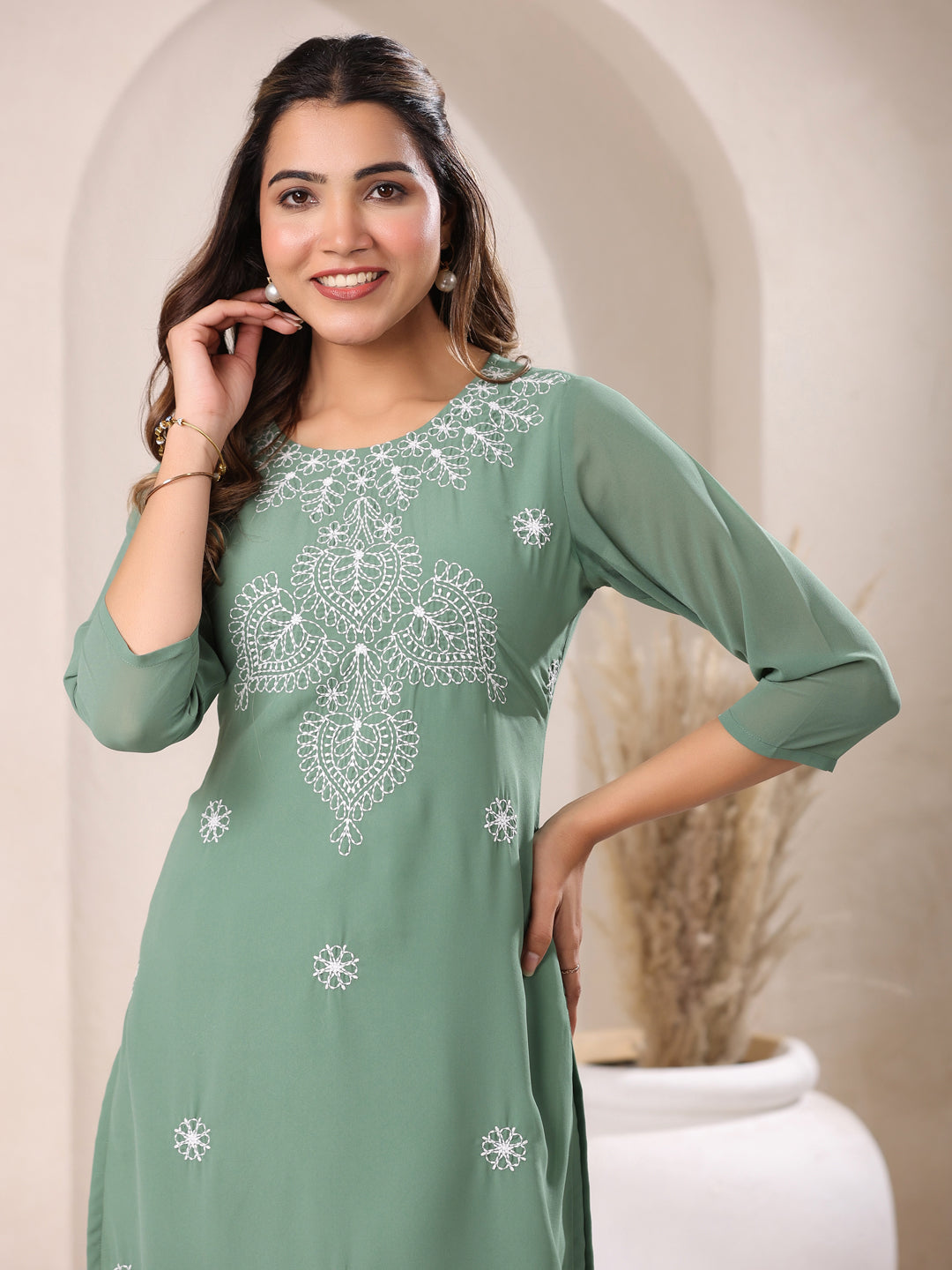 Sage Green Georgette Embroidered Straight Kurta