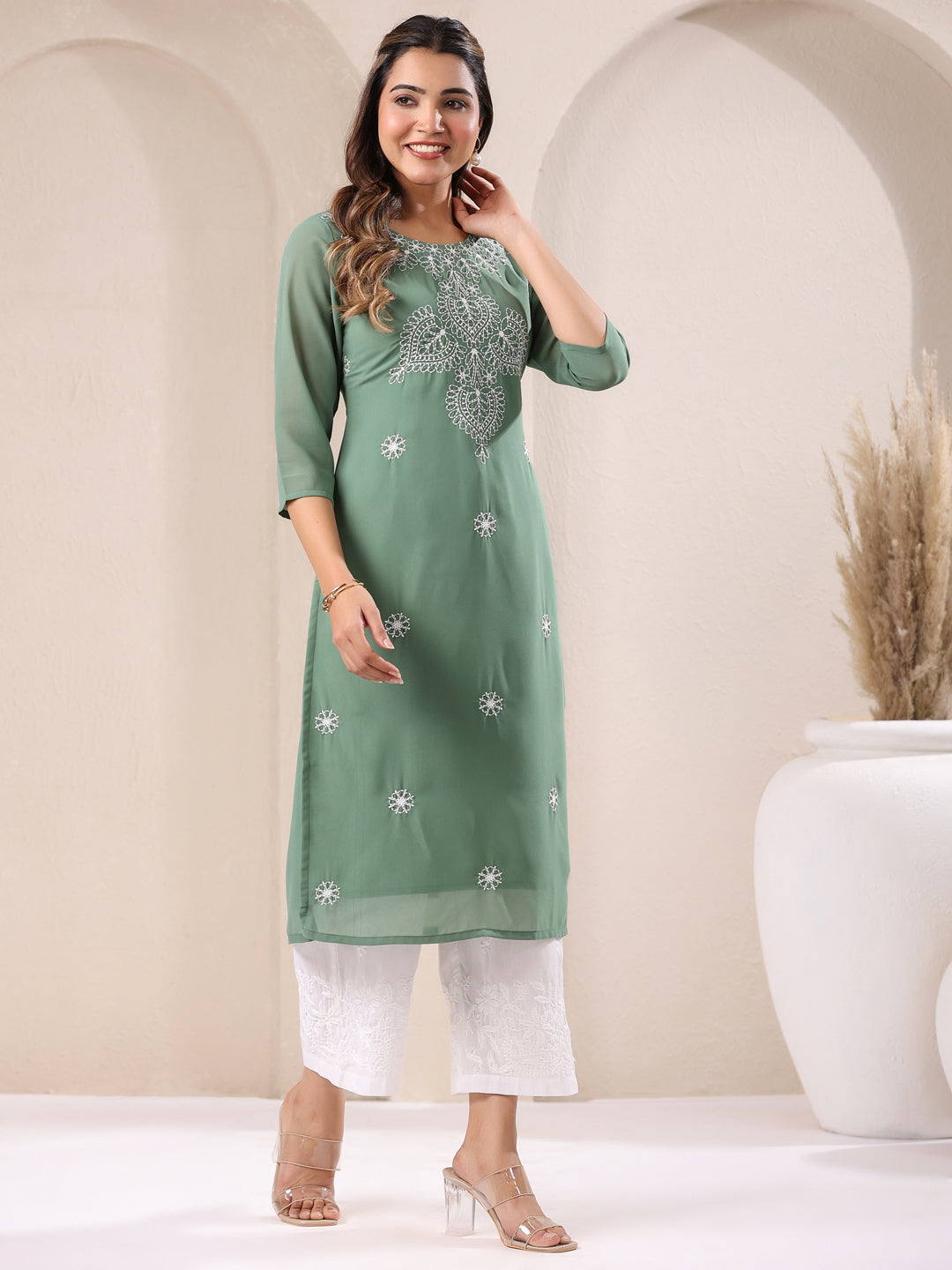 Sage Green Georgette Embroidered Straight Kurta