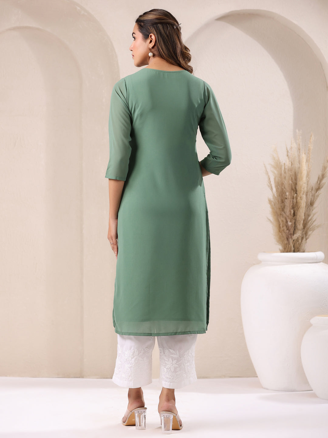 Sage Green Georgette Embroidered Straight Kurta