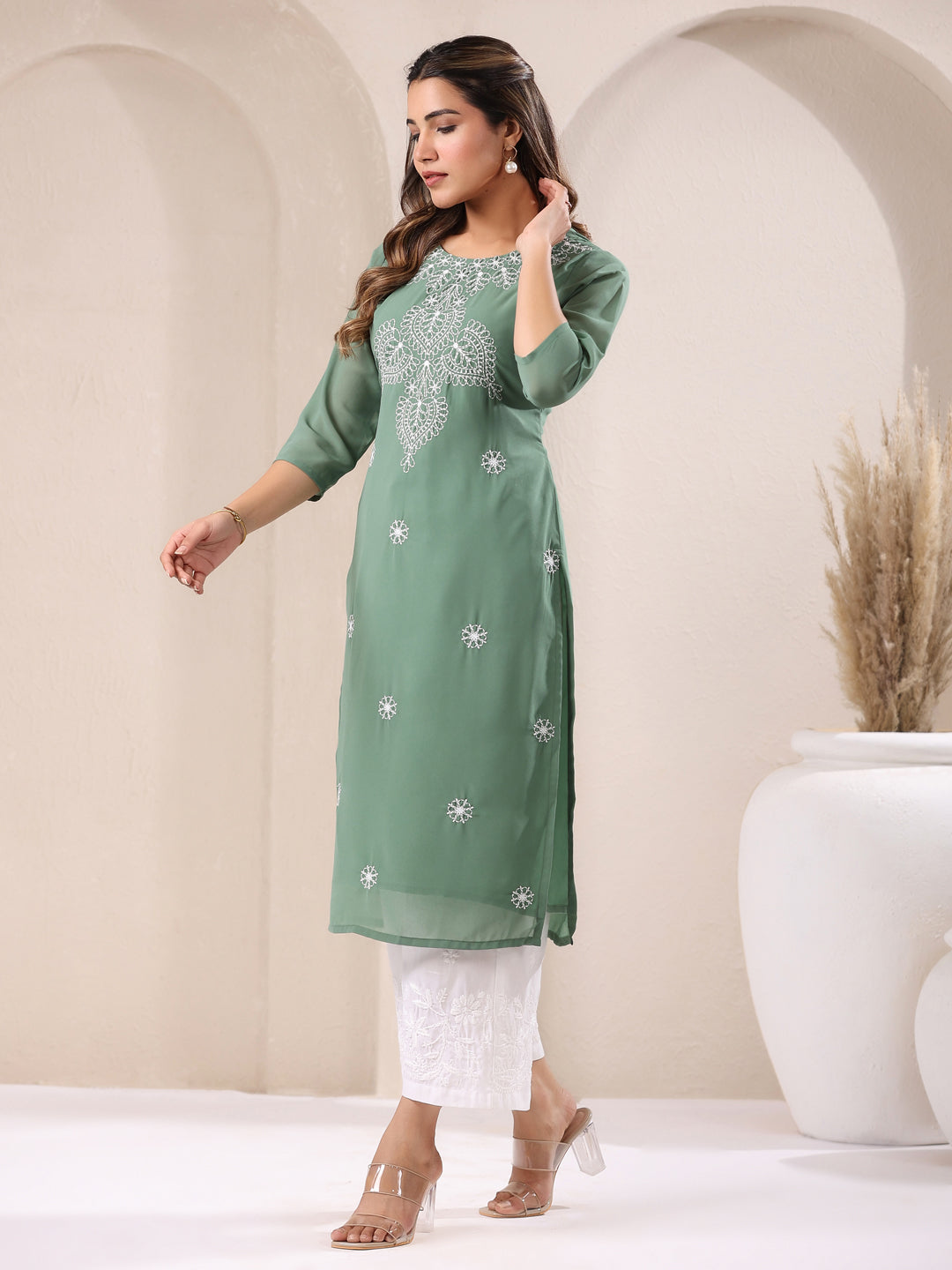 Sage Green Georgette Embroidered Straight Kurta