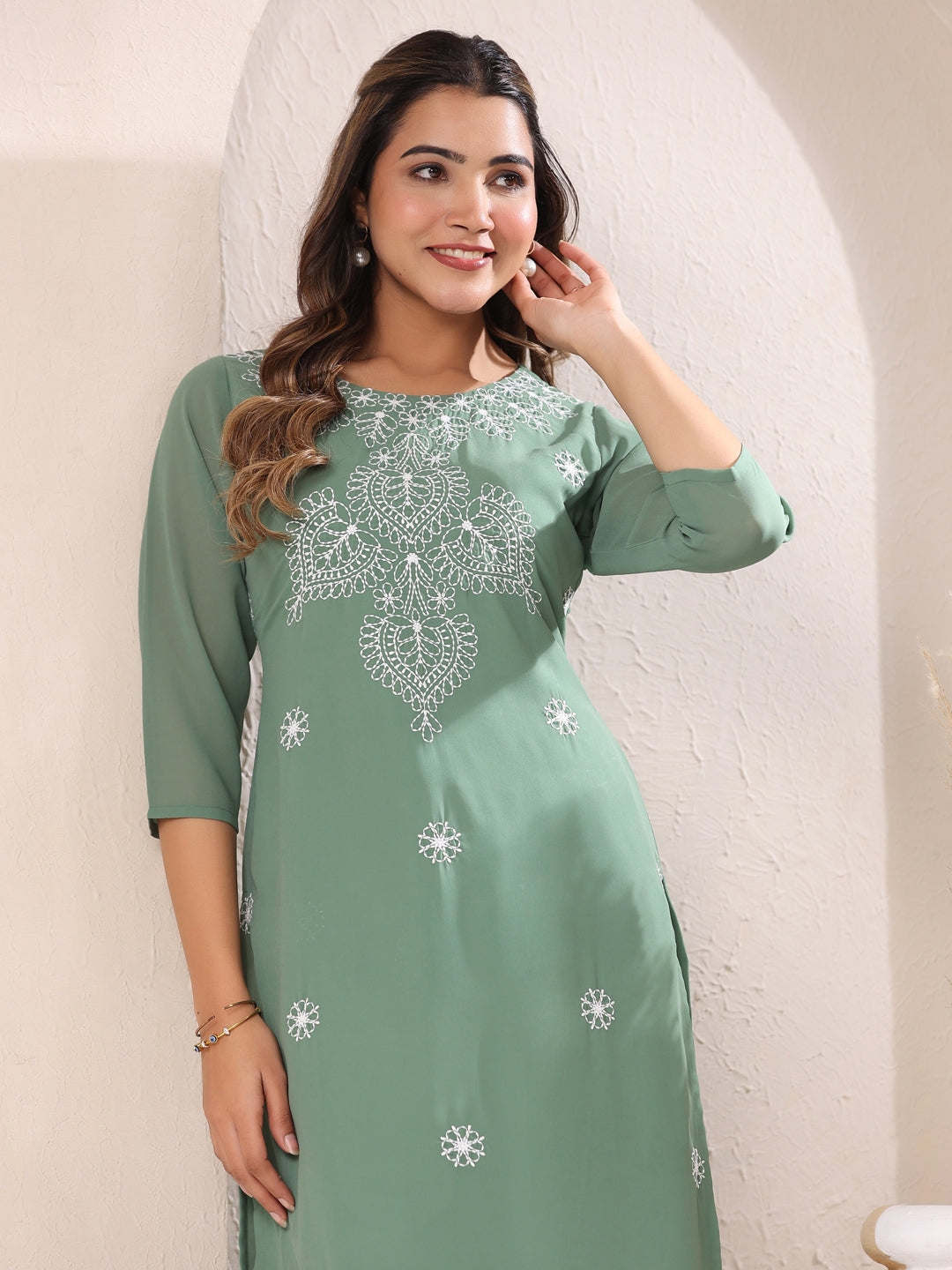 Sage Green Georgette Embroidered Straight Kurta