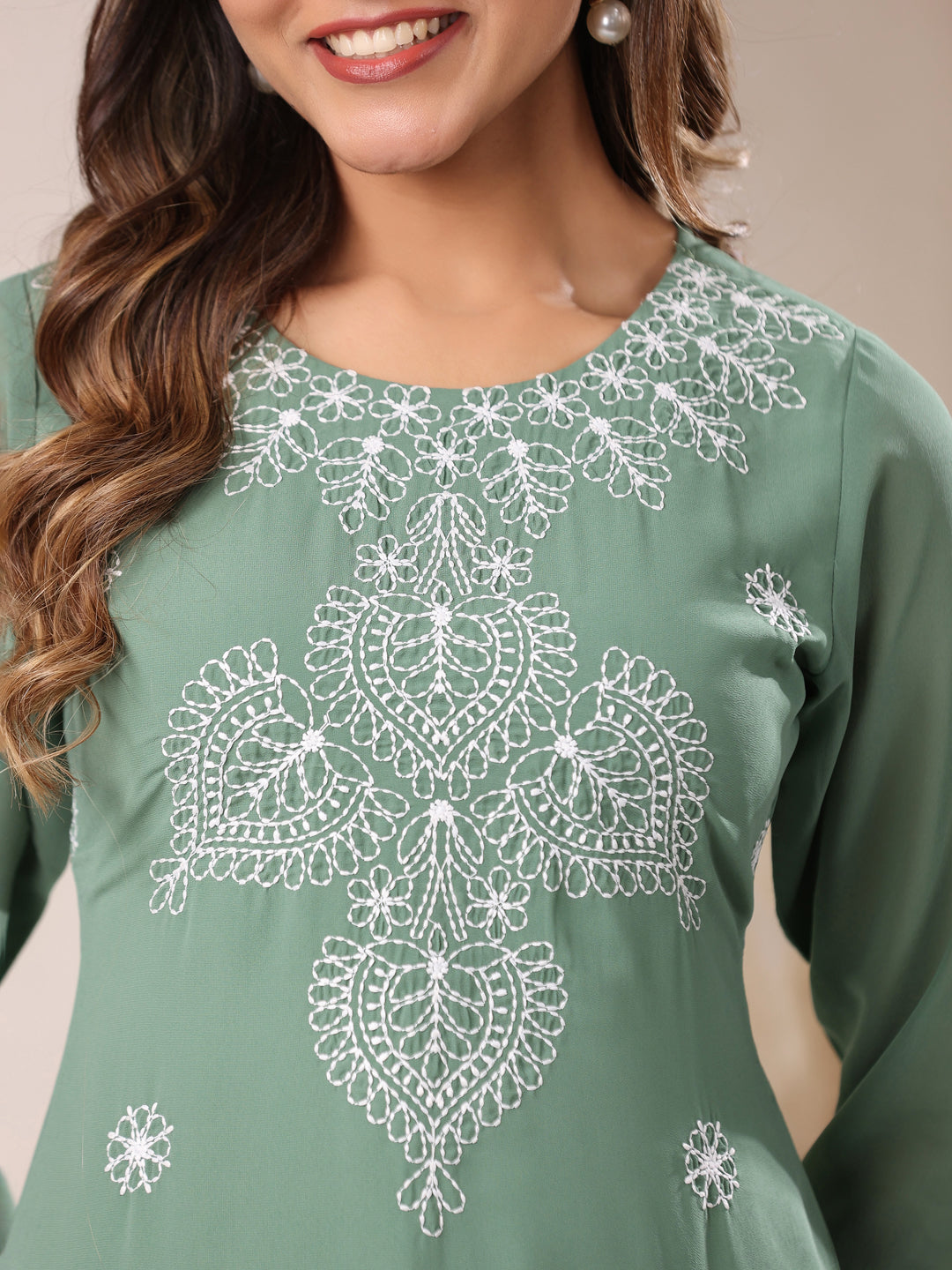 Sage Green Georgette Embroidered Straight Kurta