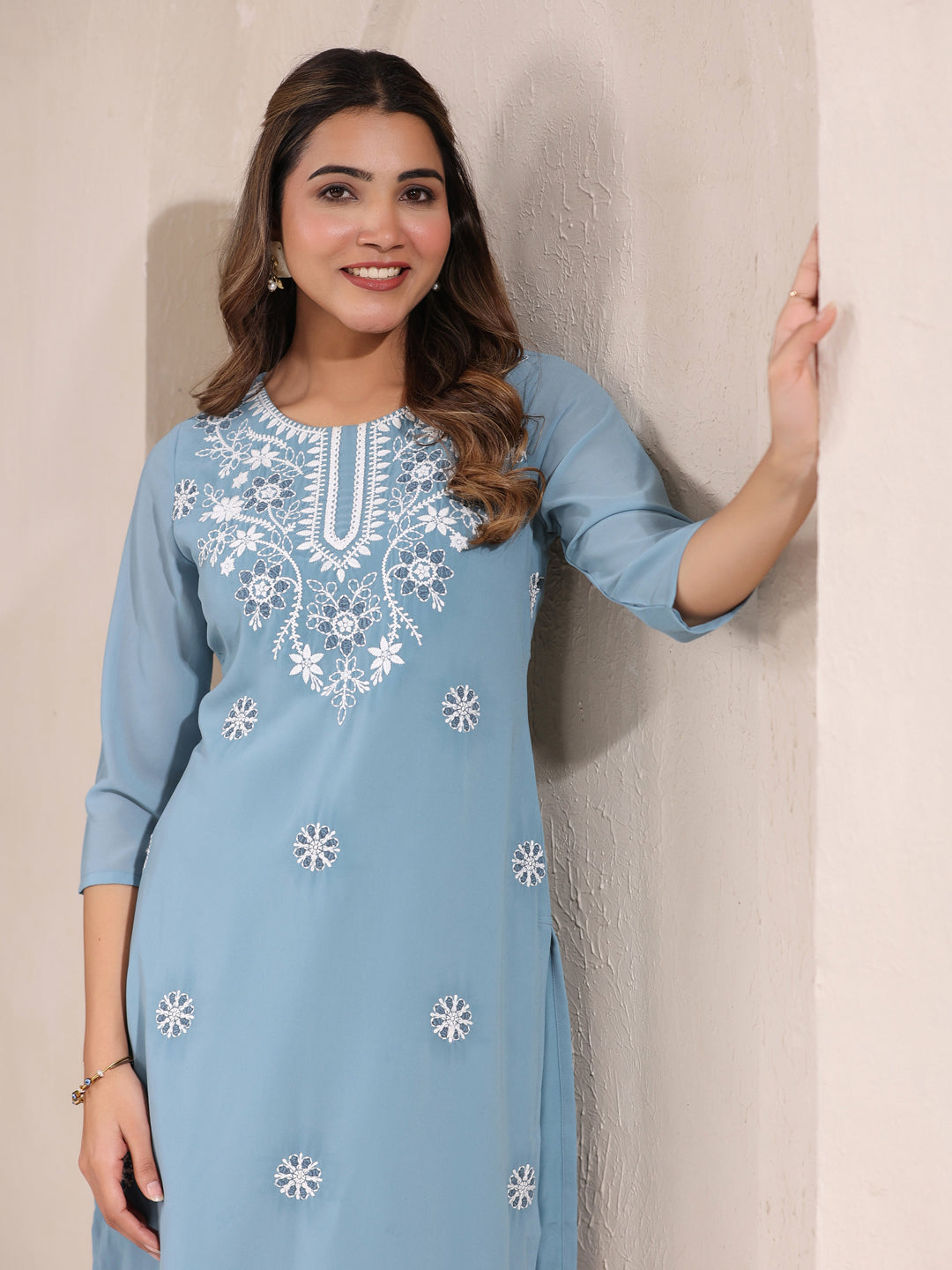 Light Blue Georgette Embroidered Straight Kurta