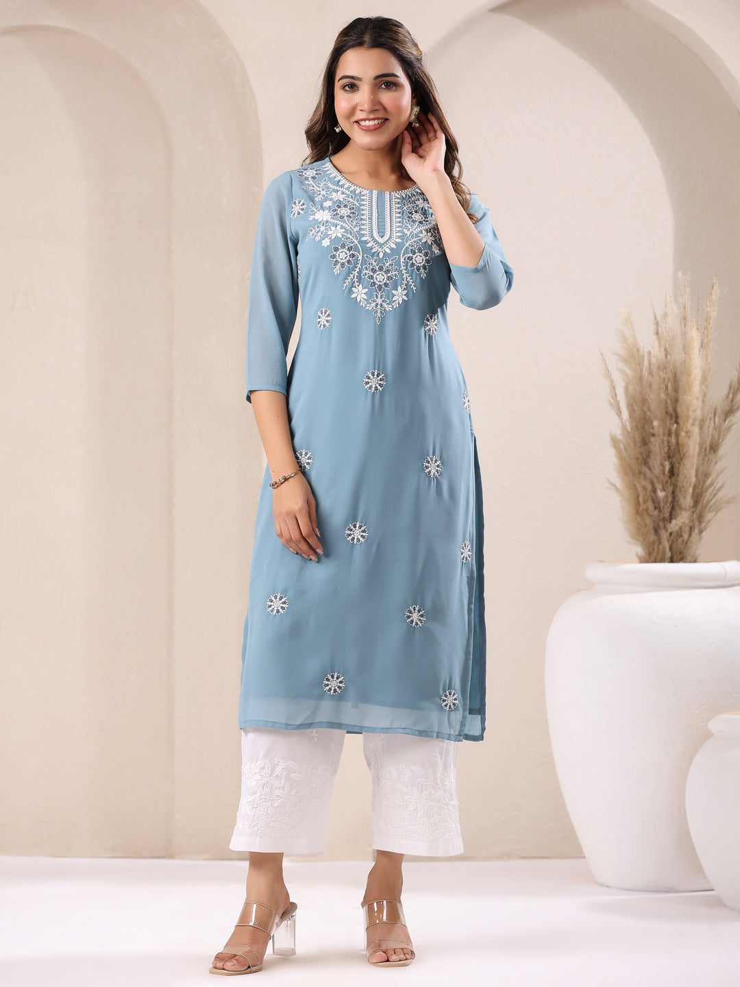 Light Blue Georgette Embroidered Straight Kurta