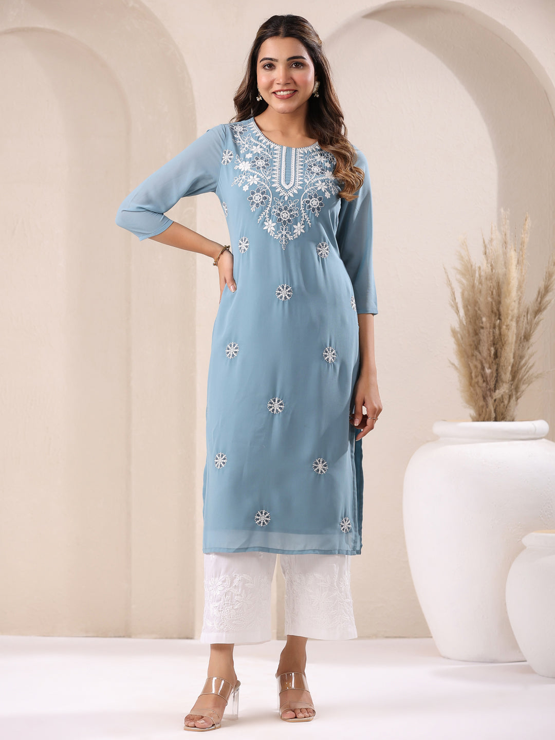 Light Blue Georgette Embroidered Straight Kurta