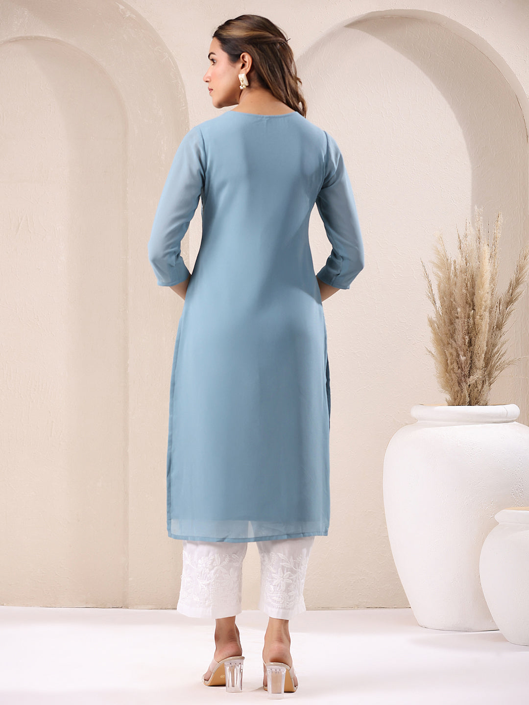 Light Blue Georgette Embroidered Straight Kurta