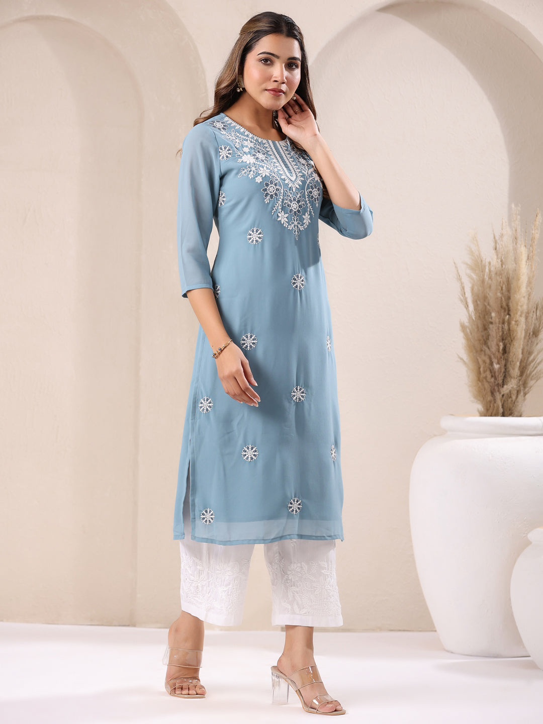 Light Blue Georgette Embroidered Straight Kurta