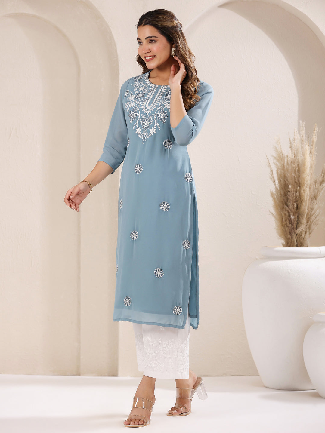 Light Blue Georgette Embroidered Straight Kurta