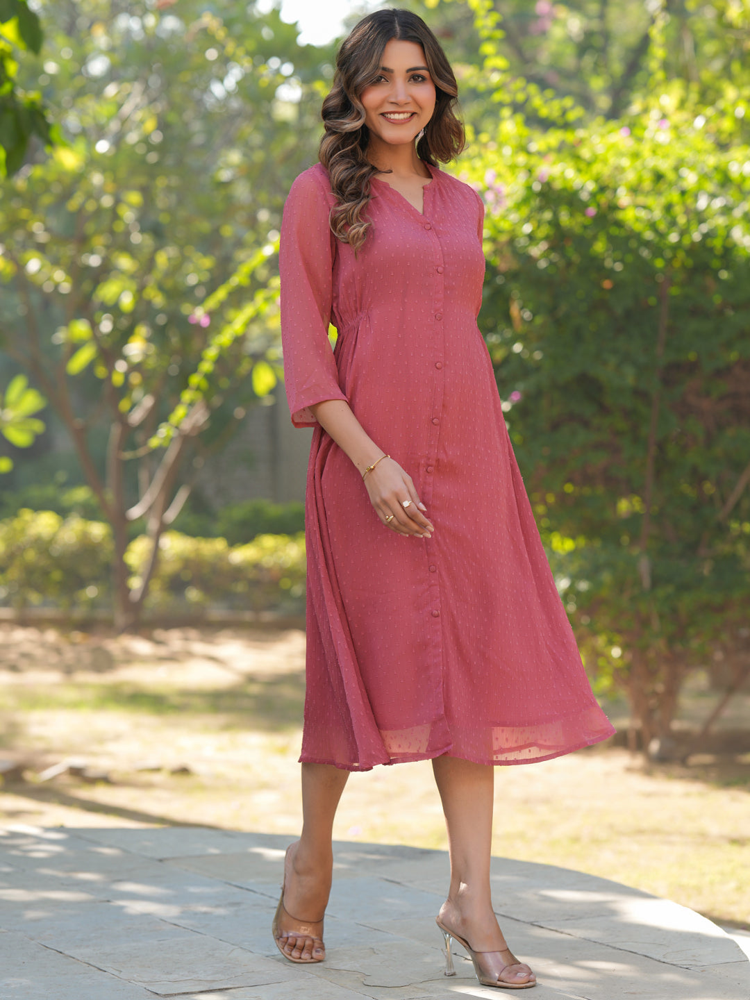 Mauve Dobby Chiffon Self Design A-Line Kurta