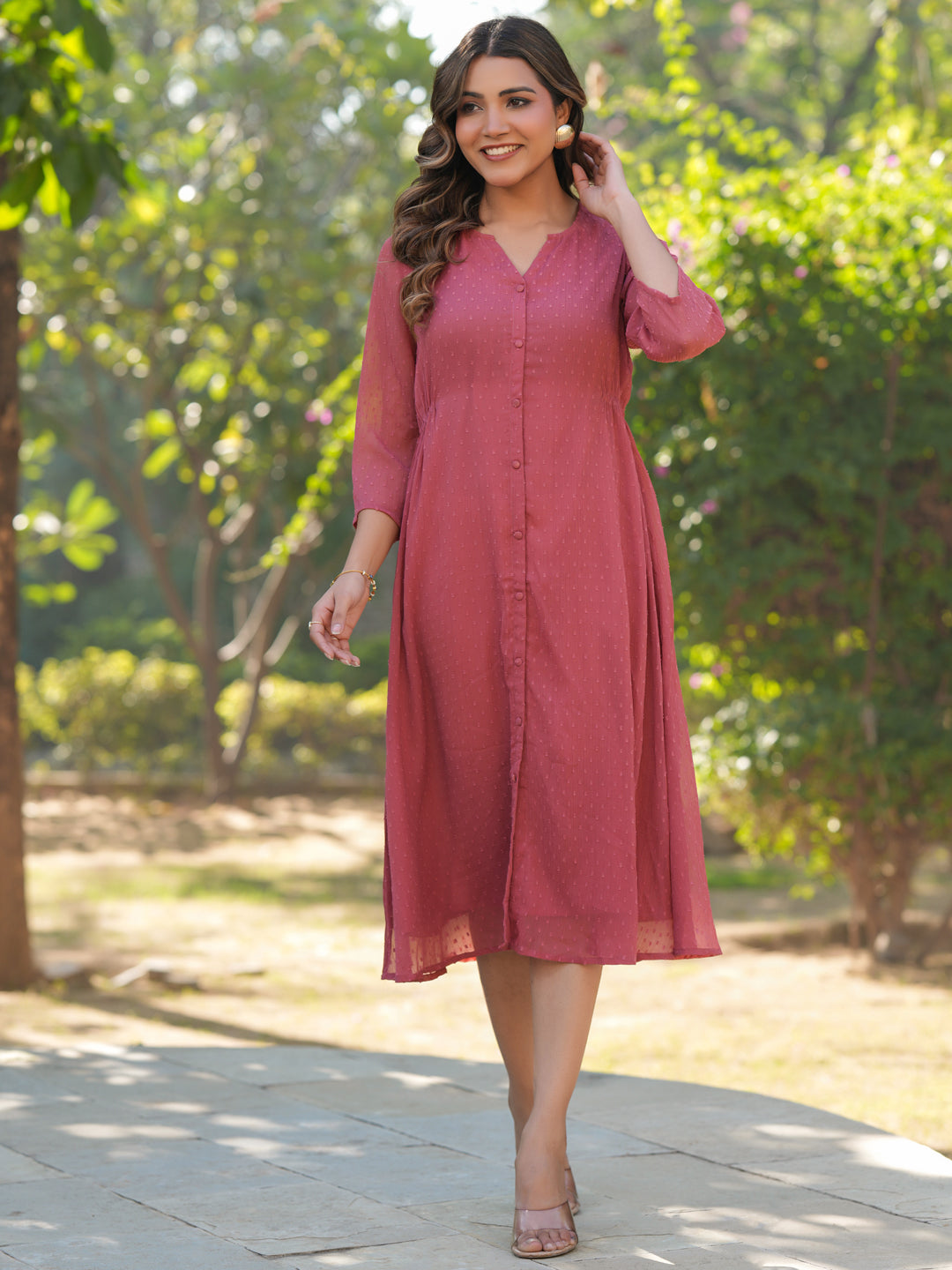 Mauve Dobby Chiffon Self Design A-Line Kurta