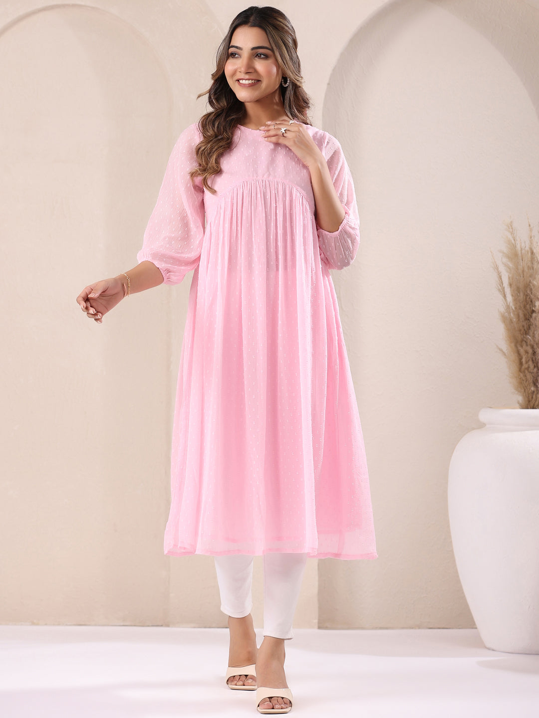 Baby Pink Dobby Chiffon Self Design A-Line Kurta