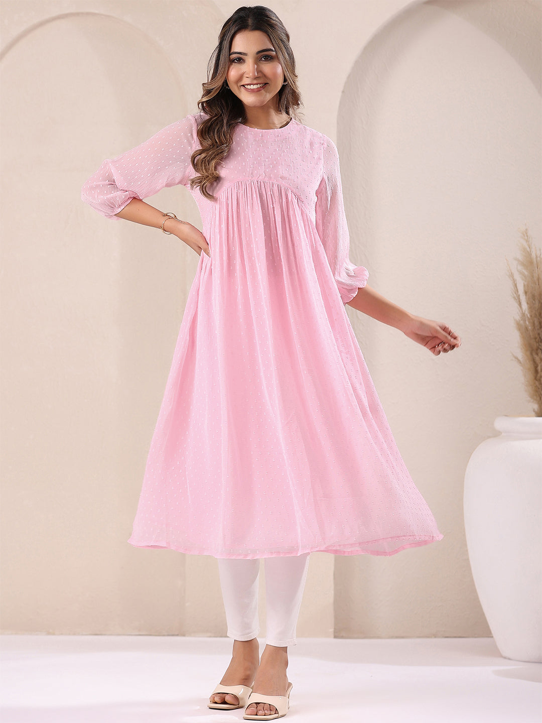 Baby Pink Dobby Chiffon Self Design A-Line Kurta