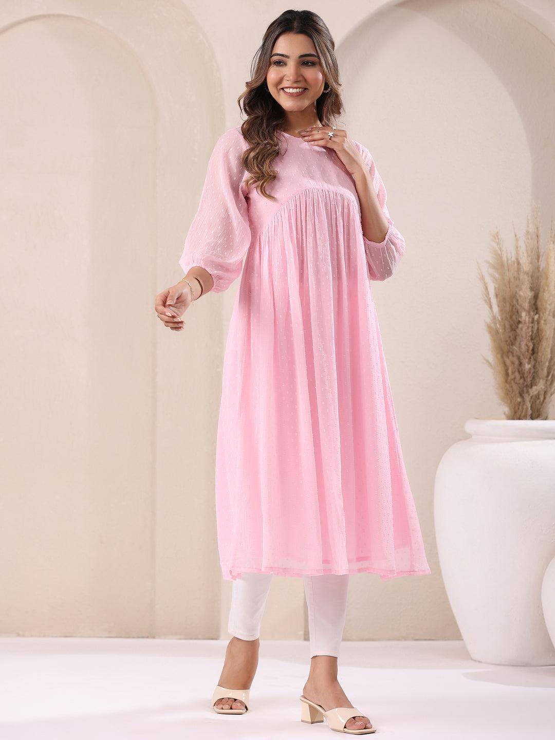 Baby Pink Dobby Chiffon Self Design A-Line Kurta