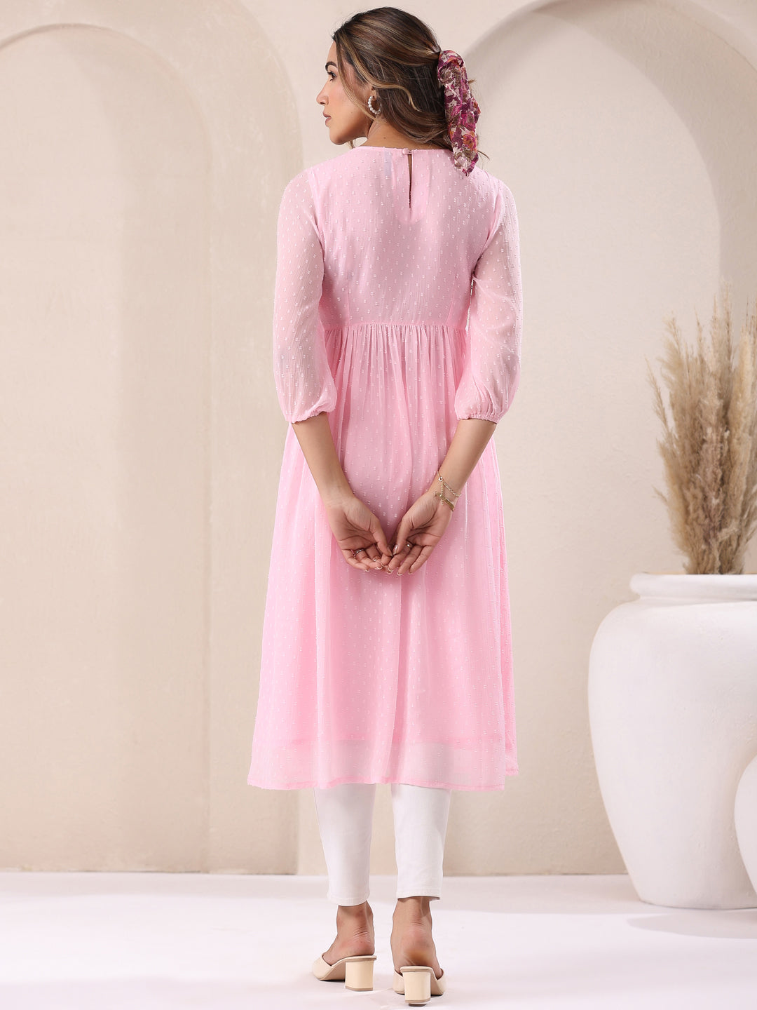 Baby Pink Dobby Chiffon Self Design A-Line Kurta