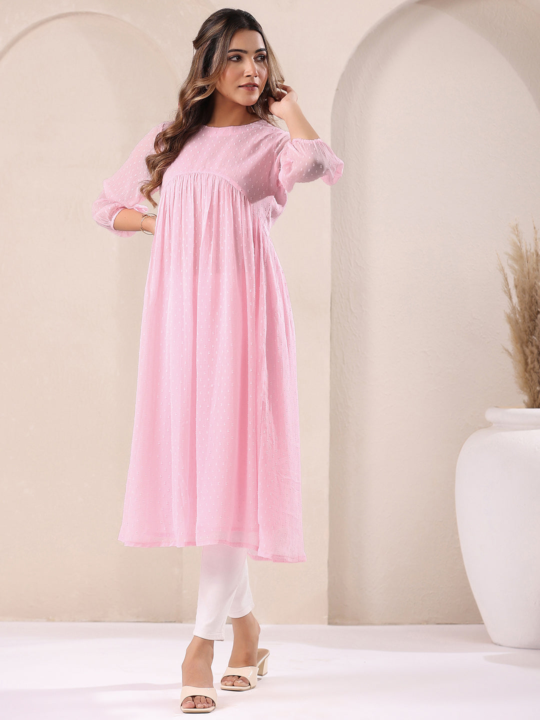 Baby Pink Dobby Chiffon Self Design A-Line Kurta