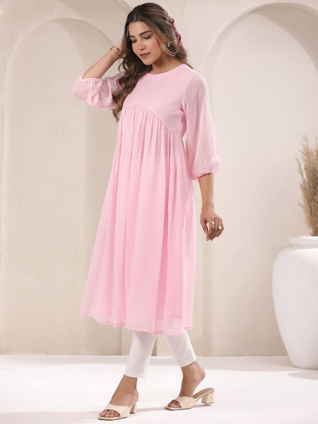 Baby Pink Dobby Chiffon Self Design A-Line Kurta